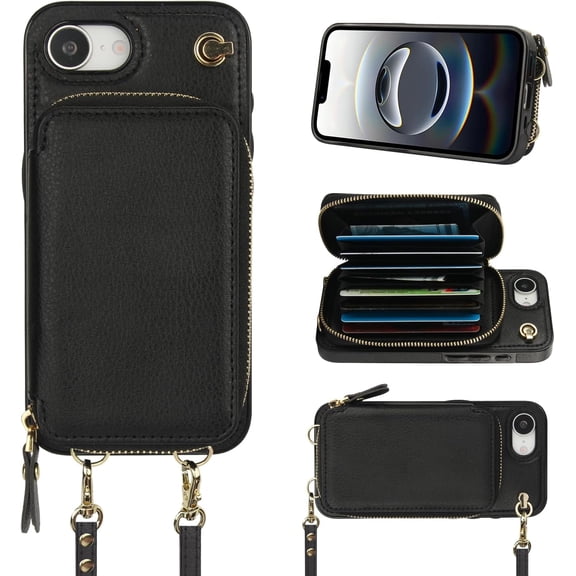 Crossbody Wallet Case for iPhone 17e/16e, RFID Blocking Leather Purse Case with Card Holder, Protective Handbag Flip Cover with Zipper Wrist Strap Lanyard for Women 5G 6.1 Inch (Black)