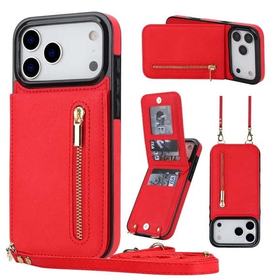 Crossbody Wallet Case for iPhone 18 Pro with Card Holders RFID Shockproof Cover, Back Magnetic Flip Kickstand Zipper Slot Case, PU Leather Cover Handbag Shoulder Strap Phone Case,Red