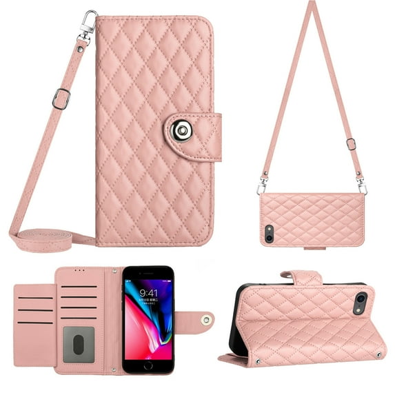 Crossbody Wallet Case for iPhone 7 / 8 / SE 2020 / SE 2022 RFID Blocking Elegant Premium Leather Purse with Credit Card Holder, Shoulder Strap Kickstand Handbag Flip Cover, Coralpink