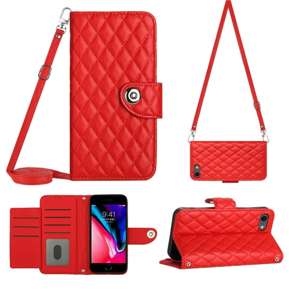 Crossbody Wallet Case for iPhone 7 / 8 / SE 2020 / SE 2022 RFID Blocking Elegant Premium Leather Purse with Credit Card Holder, Shoulder Strap Kickstand Handbag Flip Cover, Red