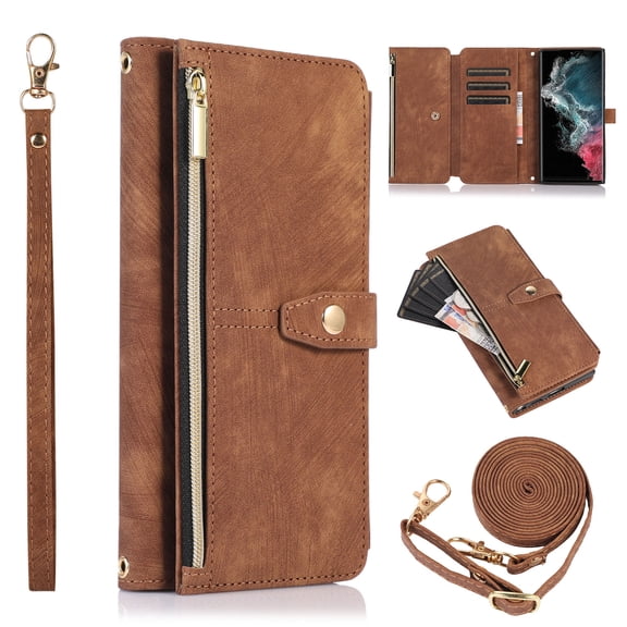 Crossbody Wallet Case for iPhone 7 / 8 / SE 2020 / SE 2022 with RFID Blocking Card Slot Holder, Magnetic Flip Folio Purse Case, PU Leather Zipper Handbag with Detachable Lanyard Strap Case,Brown