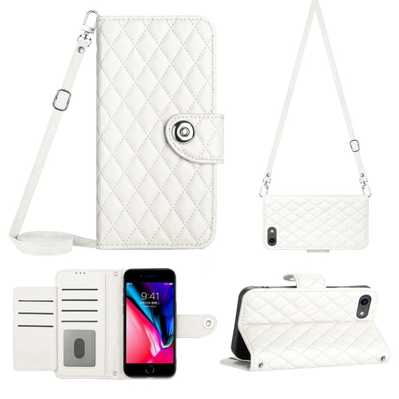 Crossbody Wallet Case for iPhone 7 / 8 / SE 2020 / SE 2022 RFID Blocking Elegant Premium Leather Purse with Credit Card Holder, Shoulder Strap Kickstand Handbag Flip Cover, White