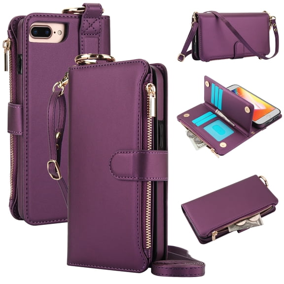 Crossbody Wallet Case for iPhone 7 / iPhone 8 / iPhone SE 2022 & 2020 RFID Blocking Card Slots, PU Leather Magnetic Snap Wristband Strap Zipper Pocket Phone Case with Stand Ring Buckle, Deeppurple