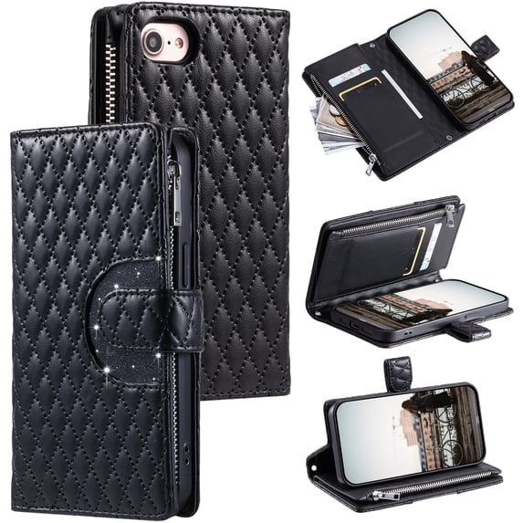 Crossbody Wallet Case for iPhone 7 / iPhone 8 / iPhone SE 2022 & 2020 Glitter PU Leather Phone Case with Card Slots Stand Wrist Strap Cover Magnetic Closure Zipper Purse Case for Women Girls, Black