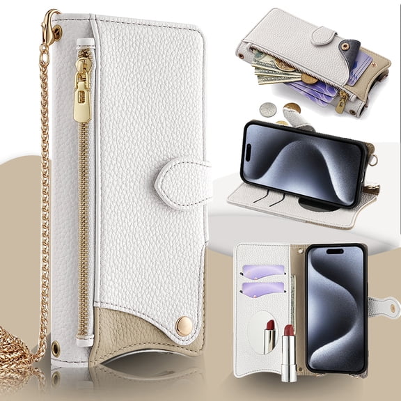 Crossbody Wallet Case for iPhone 7 / iPhone 8 / iPhone SE 2022 & 2020 with Make-up Mirror, Detachable Chain Strap, Zipper Purse Card Slots Kickstand, PU Leather Shockproof Full Body Cover, White