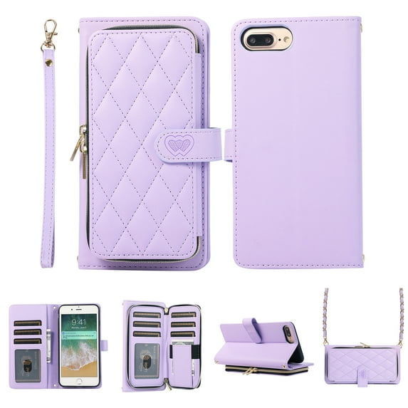 Crossbody Wallet Case for iPhone 8 Plus / iPhone 7 Plus Chain Lanyard & Wrist Hand Strap Case with Card Slots Zipper Pocket Kickstand, Premium PU Leather Magnetic Clasp Flip Cover, Purple