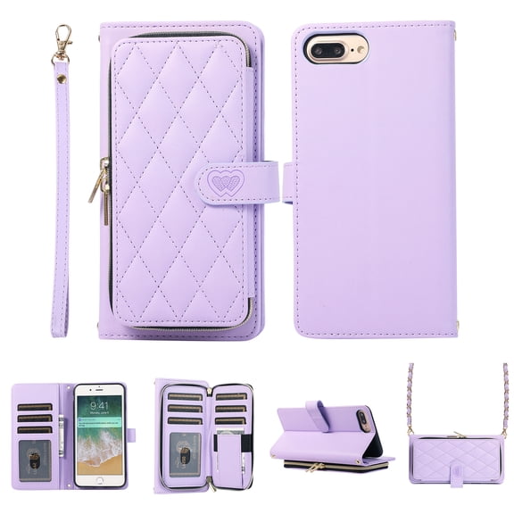 Crossbody Wallet Case for iPhone 8 Plus / iPhone 7 Plus Chain Lanyard & Wrist Hand Strap Case with Card Slots Zipper Pocket Kickstand, Premium PU Leather Magnetic Clasp Flip Cover, Purple