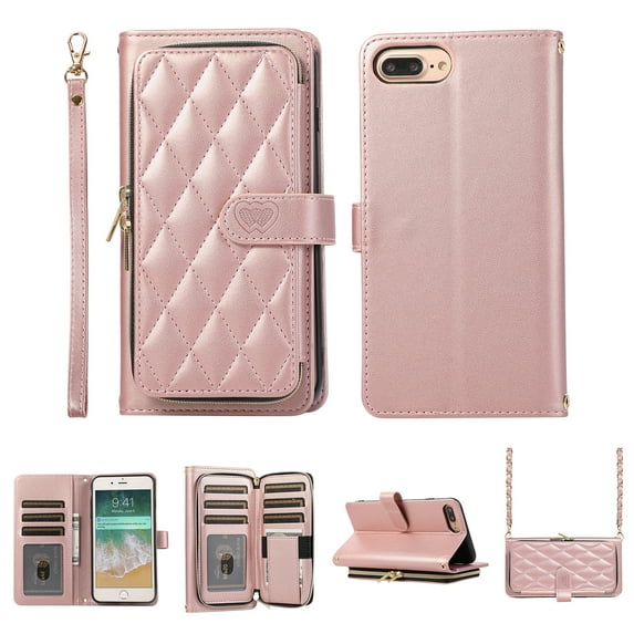 Crossbody Wallet Case for iPhone 8 Plus / iPhone 7 Plus Chain Lanyard & Wrist Hand Strap Case with Card Slots Zipper Pocket Kickstand, Premium PU Leather Magnetic Clasp Flip Cover, Rosegold