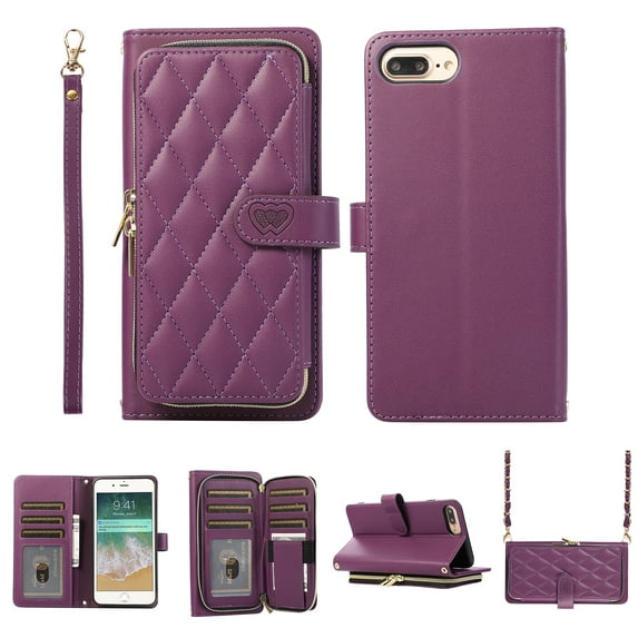 Crossbody Wallet Case for iPhone 8 Plus / iPhone 7 Plus Chain Lanyard & Wrist Hand Strap Case with Card Slots Zipper Pocket Kickstand, Premium PU Leather Magnetic Clasp Flip Cover, Darkpurple