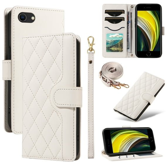 Crossbody Wallet Case for iPhone 8 Plus / iPhone 7 Plus, Credit Card Slots Elegant PU Leather Magnetic Closure Shoulder Strap Purse Phone Case Flip Stand Full Protection Cover, White