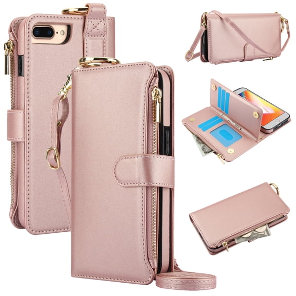 Crossbody Wallet Case for iPhone 8 Plus / iPhone 7 Plus RFID Blocking Card Slots, PU Leather Magnetic Snap Wristband Strap Zipper Pocket Phone Case with Stand Secure Ring Buckle, Rosegold