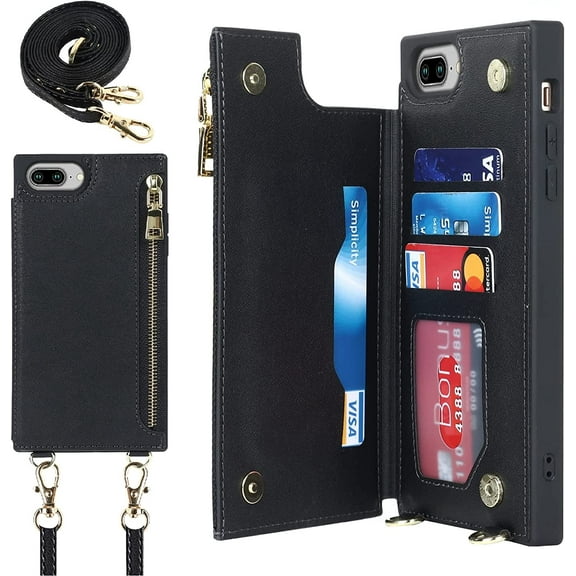 Crossbody Wallet Case for iPhone 8 Plus/iPhone 7 Plus with Card Slot Holder,Magnetic Flip Folio Purse Case, PU Leather Zipper Handbag with Detachable Lanyard Strap 5.5 Inch (Black)