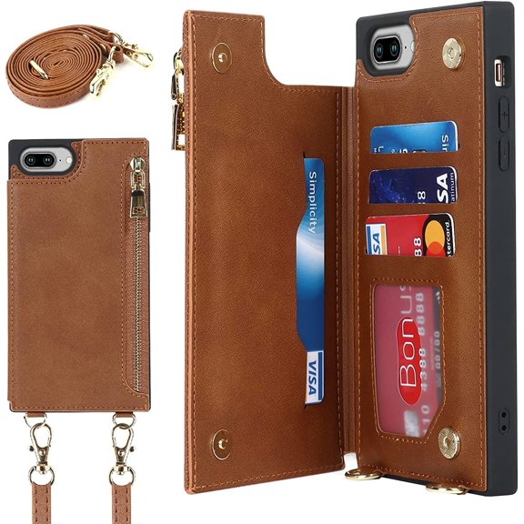 Crossbody Wallet Case for iPhone 8 Plus/iPhone 7 Plus with Card Slot Holder,Magnetic Flip Folio Purse Case, PU Leather Zipper Handbag with Detachable Lanyard Strap 5.5 Inch (Brown)