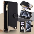 thumbnail image 1 of Crossbody Wallet Case for iPhone 8 Plus / iPhone 7 Plus with Make-up Mirror, Detachable Chain Strap, Zipper Purse Card Slots Adjustable Kickstand, PU Leather Shockproof Full Body Cover, Black, 1 of 8