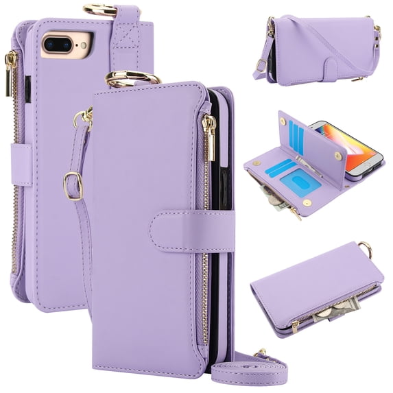 Crossbody Wallet Case for iPhone 8 Plus / iPhone 7 Plus RFID Blocking Card Slots, PU Leather Magnetic Snap Wristband Strap Zipper Pocket Phone Case with Stand Secure Ring Buckle, Violet