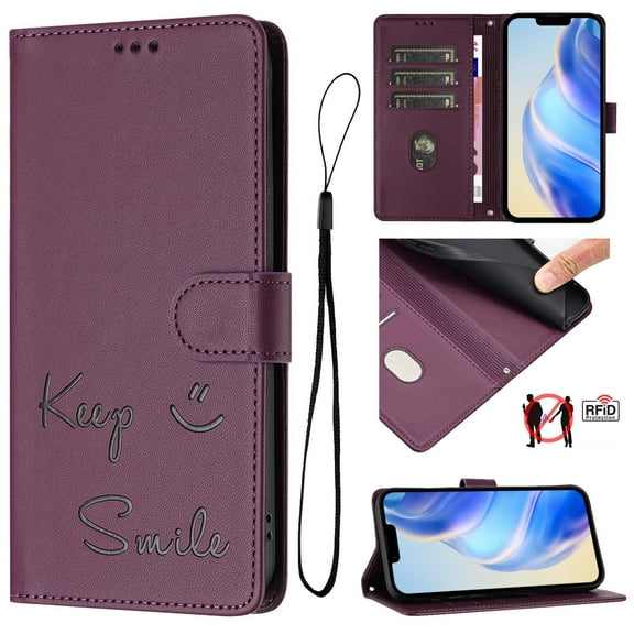 Crossbody Wallet Case for iPhone Air, Smile Pattern PU Leather Phone Case with Kickstand RFID Blocking Card Slots, Magnetic Closure Folio Cover with Wrist Strap Lanyard, Darkpurple