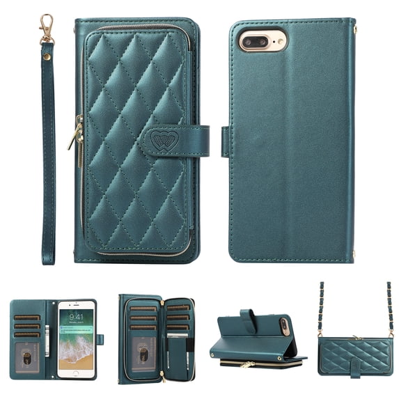 Crossbody Wallet Case for iPhone SE 2022&2020/ iPhone 8/ iPhone 7 Chain Lanyard & Wrist Hand Strap Case with Card Slots Zipper Pocket Kickstand, Premium PU Leather Magnetic Clasp Flip Cover, Darkgreen