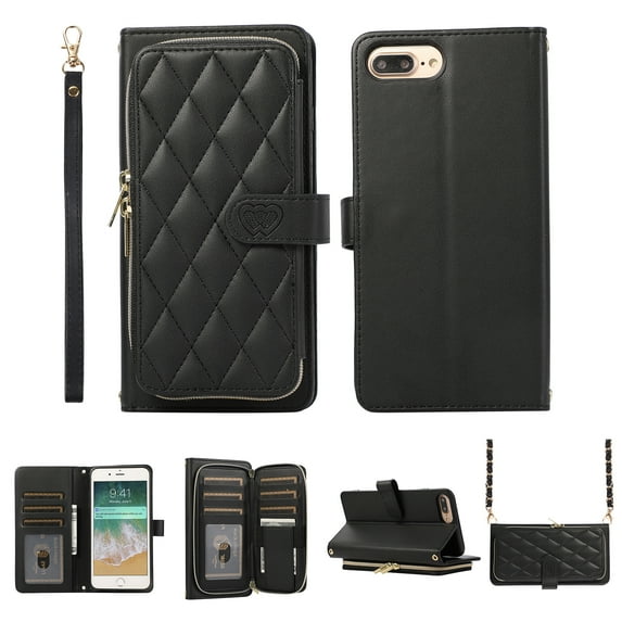 Crossbody Wallet Case for iPhone SE 2022&2020/ iPhone 8/ iPhone 7 Chain Lanyard & Wrist Hand Strap Case with Card Slots Zipper Pocket Kickstand, Premium PU Leather Magnetic Clasp Flip Cover, Black