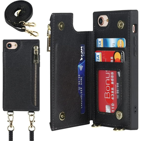 Crossbody Wallet Case for iPhone SE 3rd 2022/SE 2nd 2020 with Card Slot Holder,iPhone 7/8 Magnetic Flip Folio Purse Case,PU Leather Zipper Handbag with Detachable Lanyard Strap 4.7" (Black)