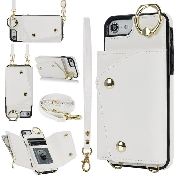 Crossbody Wallet Case for iPhone SE3 5G/iPhone 7/iPhone 8/iPhone SE2, Card Slot Phone Case with Zipper Pocket Kickstand Purse Hand Strap Cover Removable Crossbody Wrist Strap Flip Case -White