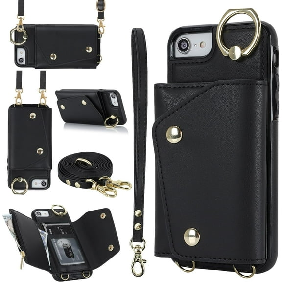 Crossbody Wallet Case for iPhone SE3 5G/iPhone 7/iPhone 8/iPhone SE2, Card Slot Phone Case with Zipper Pocket Kickstand Purse Hand Strap Cover Removable Crossbody Wrist Strap Flip Case -Black
