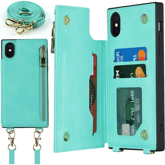 Crossbody Wallet Case for iPhone X/iPhone Xs with Card Slot Holder,Magnetic Flip Folio Purse Case, PU Leather Zipper Handbag with Detachable Lanyard Strap 5.8 Inch (Mint Green)