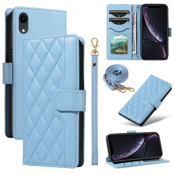 Crossbody Wallet Case for iPhone XR, Credit Card Slots Elegant PU Leather Magnetic Closure Shoulder Strap Purse Phone Case Flip Kickstand Full Body Protection Cover for Women Girls, Blue