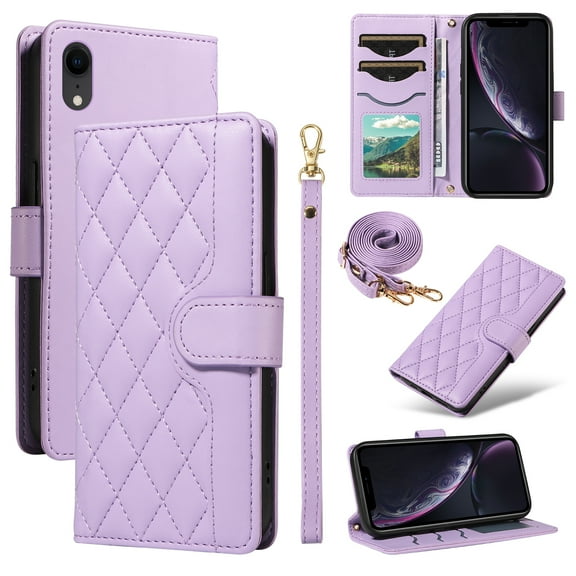 Crossbody Wallet Case for iPhone XR, Credit Card Slots Elegant PU Leather Magnetic Closure Shoulder Strap Purse Phone Case Flip Kickstand Full Body Protection Cover for Women Girls, Purple