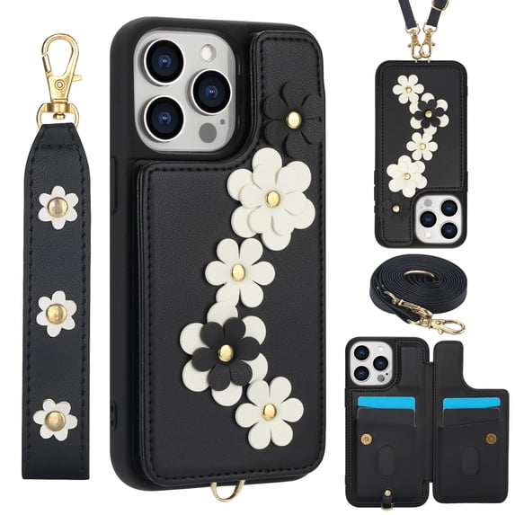 Crossbody Wallet Case for iPhone XR, Magnetic Back Flip Kickstand Floral PU Leather Phone Case with RFID Blocking Card Holder Wristlet Strap Shoulder Purse for Women,Black