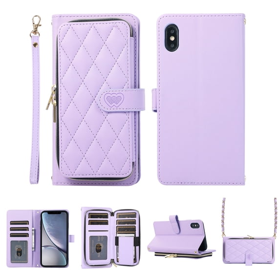 Crossbody Wallet Case for iPhone XS Max Chain Lanyard & Wrist Hand Strap Case with Card Slots Zipper Pocket Kickstand, Premium PU Leather Magnetic Clasp Shockproof Flip Cover, Purple