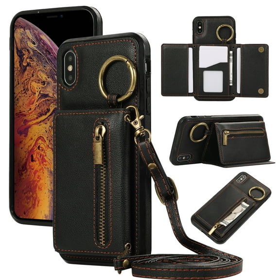Crossbody Wallet Case for iPhone XS Max, with Shoulder Strap Card Slots Ring Holder, Magnetic Flip Folio Zipper Purse Case, PU Leather Kickstand Cover Handbag for iPhone XS Max, Black