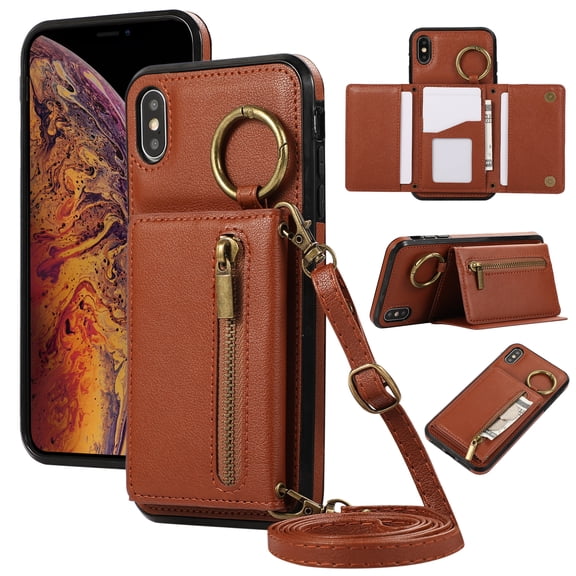Crossbody Wallet Case for iPhone XS Max, with Shoulder Strap Card Slots Ring Holder, Magnetic Flip Folio Zipper Purse Case, PU Leather Kickstand Cover Handbag for iPhone XS Max, Coffee