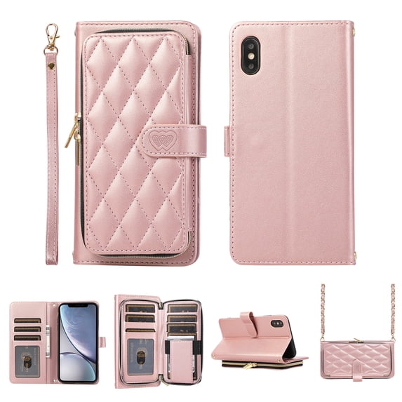 Crossbody Wallet Case for iPhone XS / iPhone X Chain Lanyard & Wrist Hand Strap Case with Card Slots Zipper Pocket Kickstand, Premium PU Leather Magnetic Clasp Shockproof Flip Cover, Rosegold