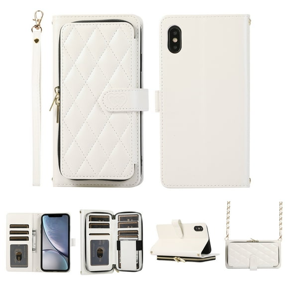 Crossbody Wallet Case for iPhone XS / iPhone X Chain Lanyard & Wrist Hand Strap Case with Card Slots Zipper Pocket Kickstand, Premium PU Leather Magnetic Clasp Shockproof Flip Cover, White