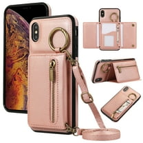 Crossbody Wallet Case for iPhone XS/X with Lanyard Strap Card Slot Holder RFID Blocking 360° Ring Kickstand,Magnetic Flip Folio Zipper Purse Case, PU Leather Cover Handbag,Rosegold