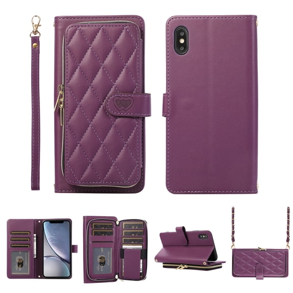 Crossbody Wallet Case for iPhone XS / iPhone X Chain Lanyard & Wrist Hand Strap Case with Card Slots Zipper Pocket Kickstand, Premium PU Leather Magnetic Clasp Shockproof Flip Cover, Darkpurple