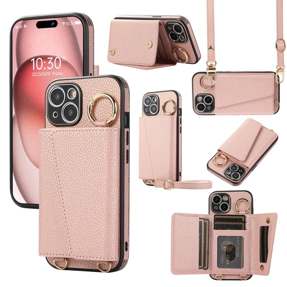 Crossbody Wallet Case for iPhone XS / iPhone X with Lens Protective Film, Folio PU Leather Case with Card Holder, Shockproof Protection Ring Buckle Phone Case for iPhone XS / iPhone X, Rosegold