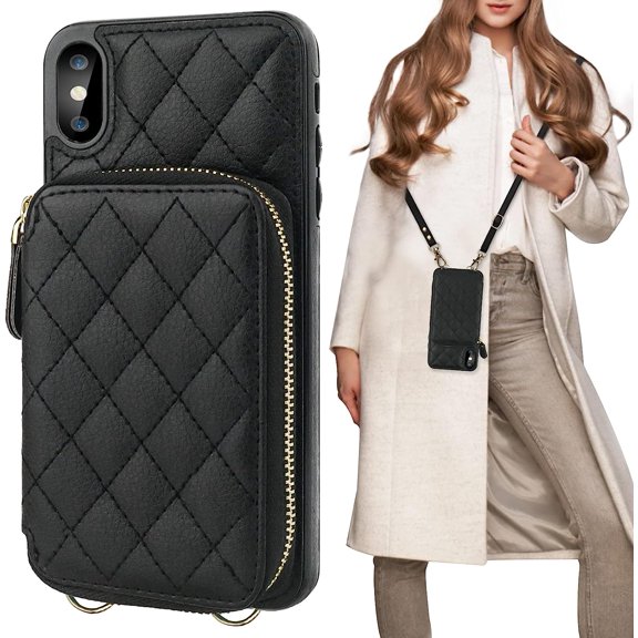 Crossbody Wallet Case for iPhone Xs Max, RFID Blocking PU Leather Zipper Handbag Purse Flip Cover, Kickstand Folio Case with Card Slots Holder Wrist Strap Lanyard 6.5 Inch (Black)