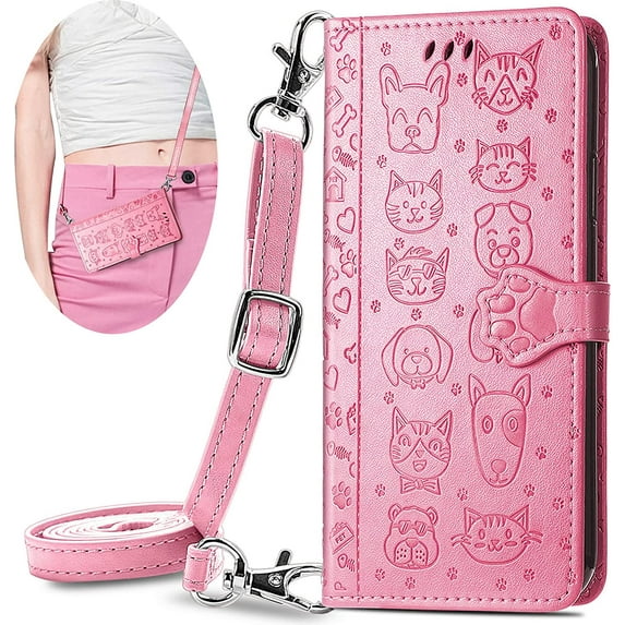 Crossbody Wallet Cell Phone Case for Samsung Galaxy A04S/A13 5G (Not 4G), Cute Cat Dog Cartoon Style Flip Case Cover with Removable Lanyard Strap for Samsung Galaxy A13 5G/A04S MGG Pink