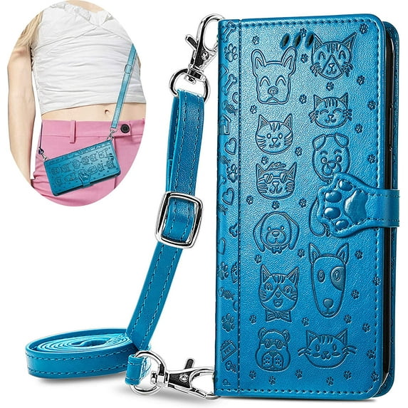 Crossbody Wallet Cell Phone Case for Samsung Galaxy A04S/A13 5G (Not 4G), Cute Cat Dog Cartoon Style Flip Case Cover with Removable Lanyard Strap for Samsung Galaxy A13 5G/A04S MGG Blue