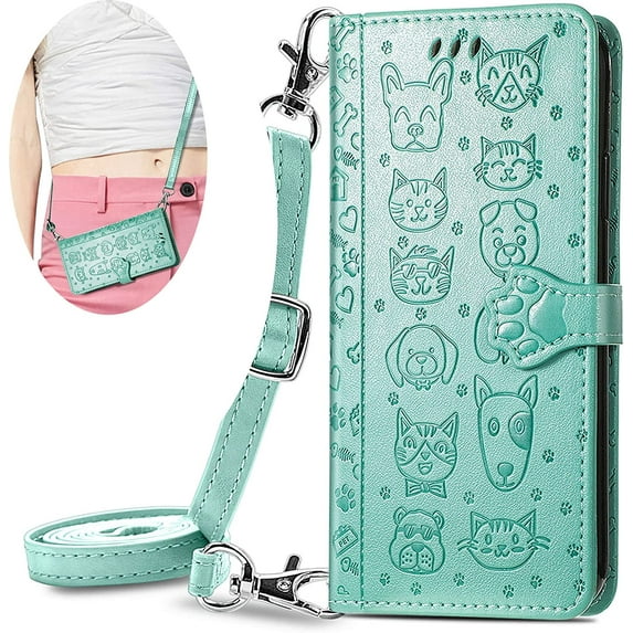 Crossbody Wallet Cell Phone Case for Samsung Galaxy A04S/A13 5G (Not 4G), Cute Cat Dog Cartoon Style Flip Case Cover with Removable Lanyard Strap for Samsung Galaxy A13 5G/A04S MGG Green