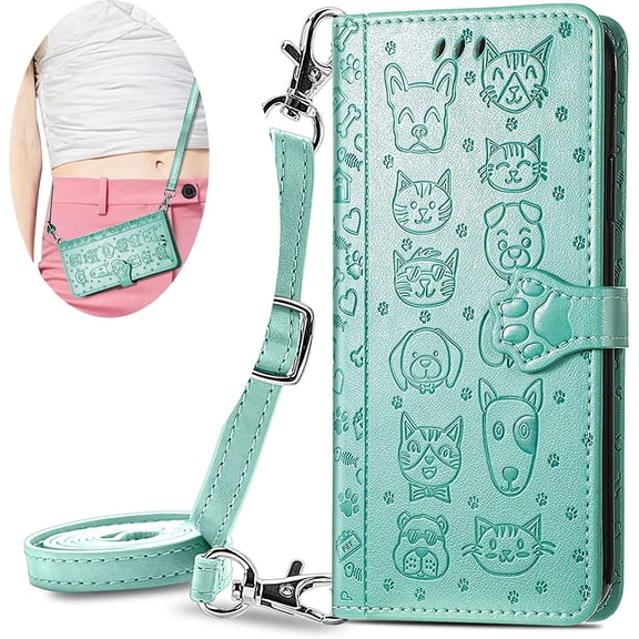 Crossbody Wallet Cell Phone Case for Samsung Galaxy S22,Cute Cat Dog Cartoon Style Flip Case Cover with Removable Lanyard Strap for Samsung Galaxy S22 MGG Green