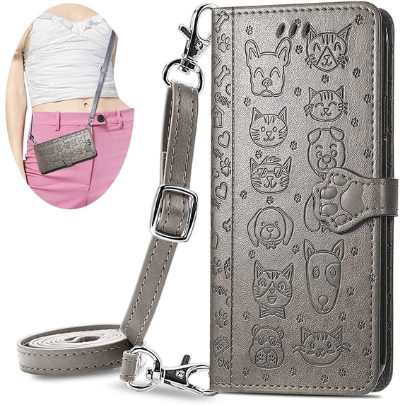 Crossbody Wallet Cell Phone Case for Samsung Galaxy S22,Cute Cat Dog Cartoon Style Flip Case Cover with Removable Lanyard Strap for Samsung Galaxy S22 MGG Grey