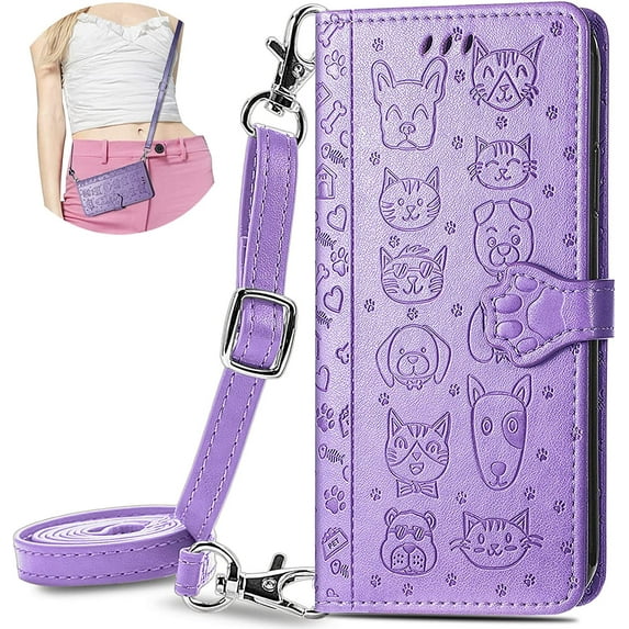 Crossbody Wallet Cell Phone Case for Samsung Galaxy S22,Cute Cat Dog Cartoon Style Flip Case Cover with Removable Lanyard Strap for Samsung Galaxy S22 MGG Purple