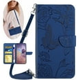 thumbnail image 1 of Crossbody Wallet Cover for iPhone 7 / 8 / SE 2020 / SE 2022,Flower & Butterfly Embossed Pattern PU Leather Magnetic Flip Stand Card Slots Shockproof Case with Shoulder & Wrist Strap,Darkblue, 1 of 12