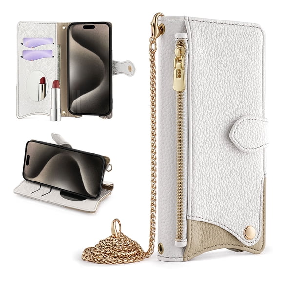 Crossbody Wallet for Google Pixel 10 /10 Pro Case with Adjustable Lanyard Strap Credit Card Holder,PU Leather Handbag Purse Kickstand Make Up Mirror Cover,Zipper Pocket Magnetic Flip Phone Case,White