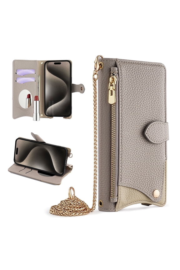 Crossbody Wallet for Google Pixel 10 /10 Pro Case with Adjustable Lanyard Strap Credit Card Holder,PU Leather Handbag Purse Kickstand Make Up Mirror Cover,Zipper Pocket Magnetic Flip Phone Case,Gray