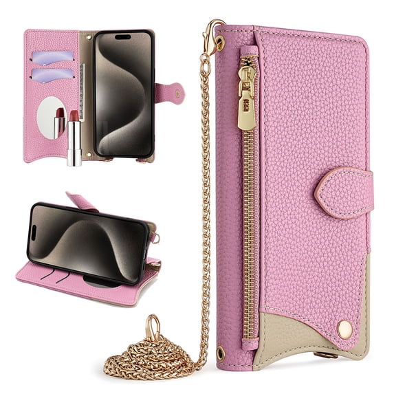 Crossbody Wallet for Motorola Moto G Power 5G 2024 Case with Adjustable Lanyard Strap Credit Card Holder,PU Leather Handbag Purse Kickstand Make Up Mirror Cover,Zipper Pocket Magnetic Flip Case,Pink