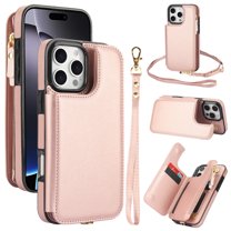Crossbody Wallet Phone Case For iPhone 16 Pro Max with Card Holder,Kickstand,Zipper Card Slot Protector Shockproof PU Leather Purse Cover with Removable Cross Body Strap&Wrist Strap,Rosegold