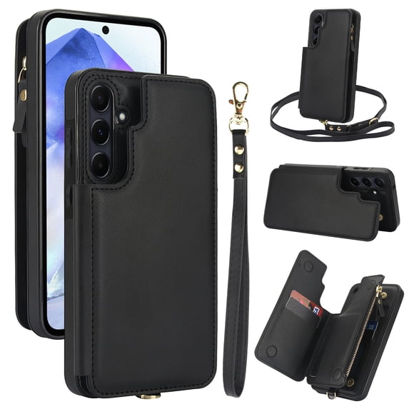 Crossbody Wallet Phone Case For Samsung Galaxy A13 5G with Card Holder,Kickstand,Zipper Card Slot Protector Shockproof PU Leather Purse Cover with Removable Cross Body Strap&Wrist Strap,Black